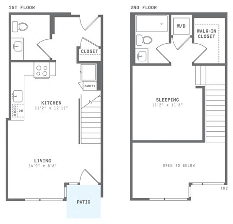 Floor plan for 1 bed, 1.5 baths, 741 sqft